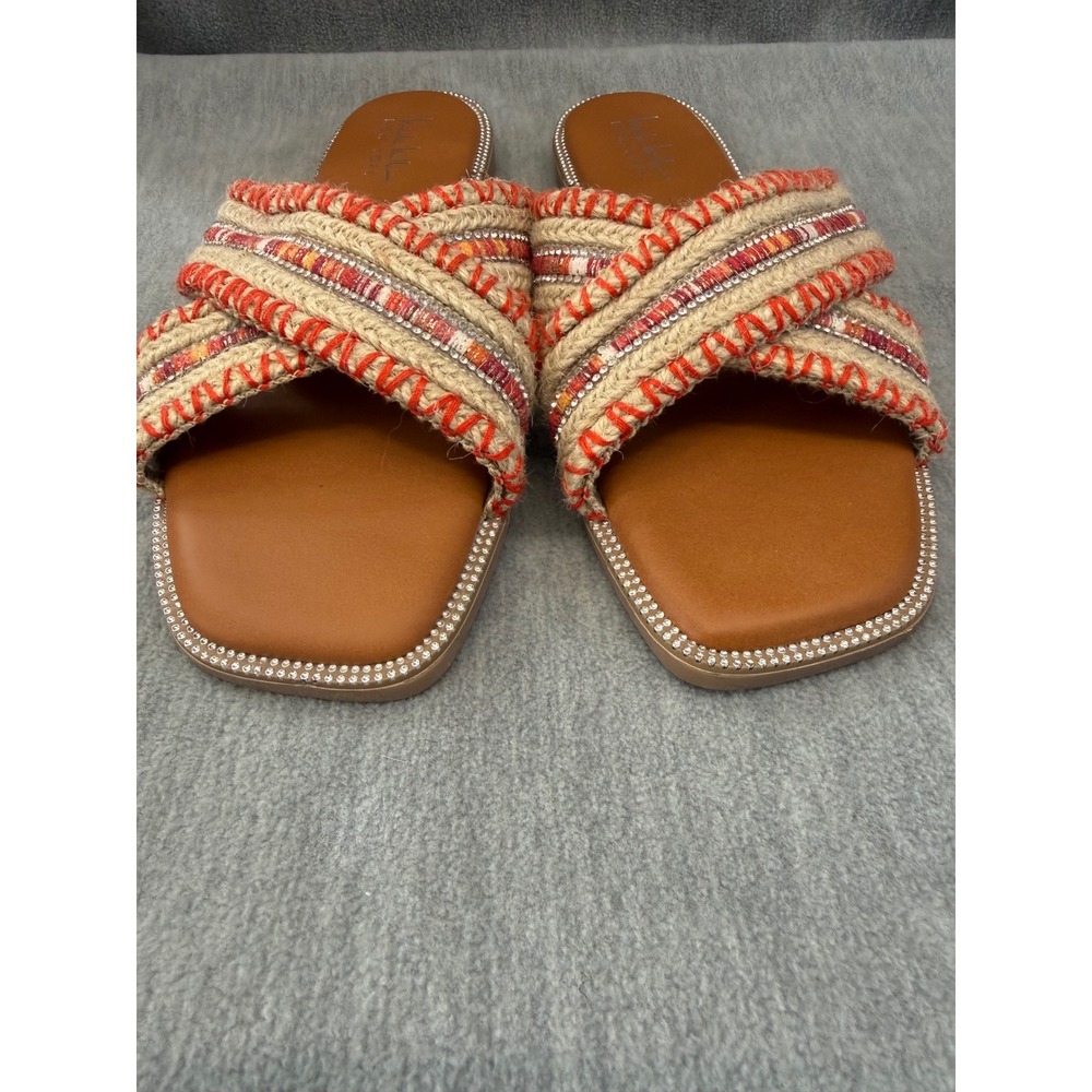 Nicole Miller‎ Kesty Slide Sandal 8.5 Tan Orange Boho Rhinestone Jute Espadrille - Picture 3 of 8